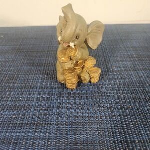 Vintage Lucky Elephant Figurine with Gold Coins  Small Resin Decor  Good Luck